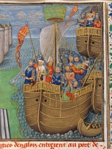Depiction of a carrack, carrying John of Gaunt to Lisbon. From Jean de Wavrin's 'Chronicles of England', Bruges, c.1461-83. c British Library Board, Royal MS 14 E. IV, f.195r